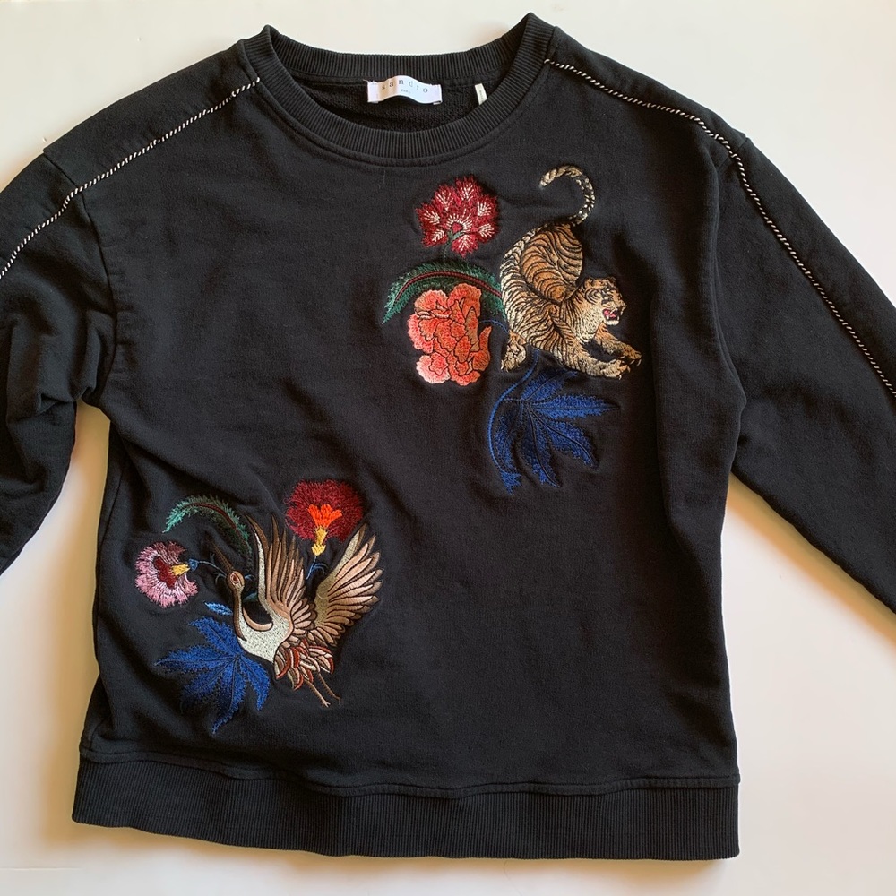 Sandro Alek Tiger Bird Embroidered Sweater Top - Picture 6 of 7